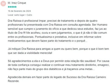 Depoimento 6 de paciente da Dra. Raíssa Rezende, endocrinologista em Goiânia